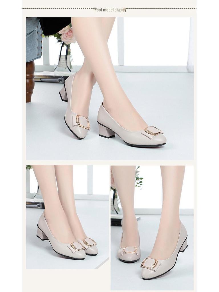 Four Seasons Women's Burgundy & Beige Leather Pointed-Toe Low-Cut Pumps with Medium Thick Heels.