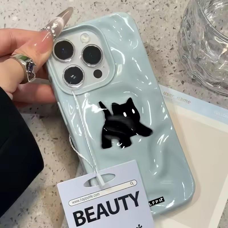 Cute Black Fuzzy Cat Shockproof Phone Case For iPhone 17Air 16 15 14 12 13 11 Pro Max Candy Color Wave Pattern Protective Cover