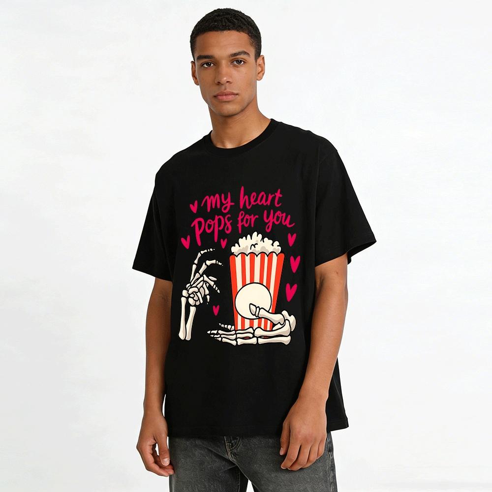 My Heart Pops For You Skeleton Hand Popcorn Graphic Tee Pure cotton T-shirt