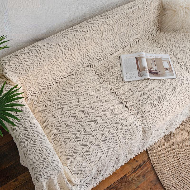 Raw White Knitted Lace Slipcover, Geometric Pattern Sofa Cover for Living Room, All Covered Towel, Summer and Spring Towel