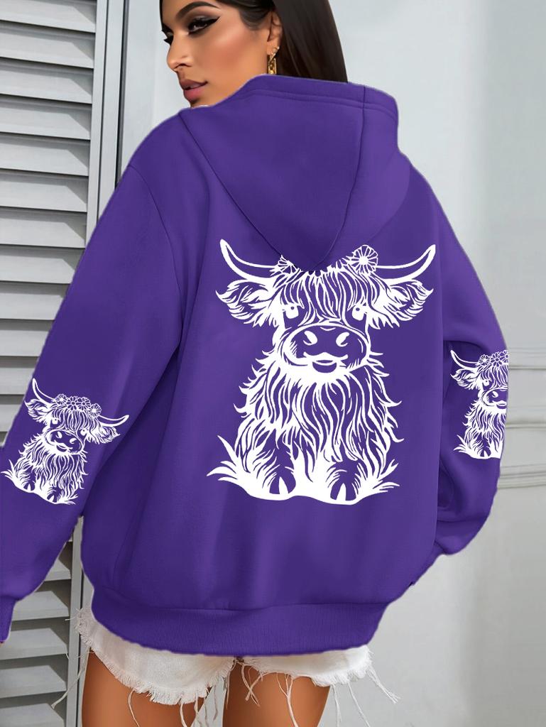 Süßer Haar-Kuh-Cartoon-Druck Kapuzenpullover Damen Fleece Herbst Streetwear Bequemer Lässiger Hoodie Y2K Tasche All-Match Kapuzenpullover