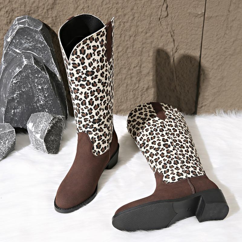 Fashion Plus Size Western Cowboy Boots Women's Retro Fall New Pointed Toe Mid-Tube Leopard Print Paneled Knight Boots