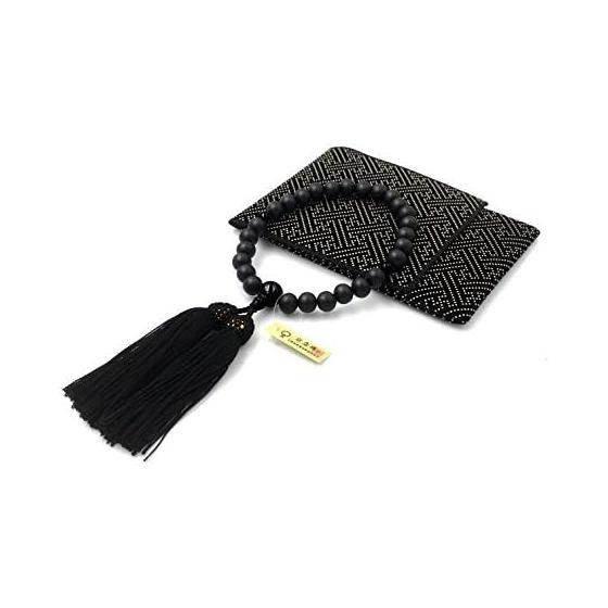 Urushi Products Japanese Juzu (Prayer Beads) with "Inden-style" Pouch - Men's Matte Black Ebony, Suitable for All Sects, Kyoto Juzu Manufacturing