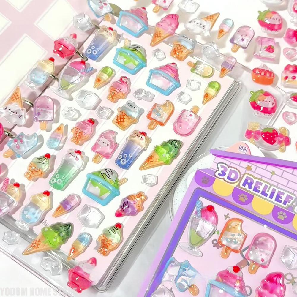 NEW Cute 3D Embossed Stickers Ice Cream Turtle Strawberry Apple Material for Phone DIY Scrapbooking Journaling Craft Supplies