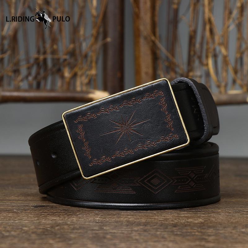 Retro Carved Pattern Trendy Handmade Smooth Buckle Belt Men's Buckle Genuine Leather Pure Cowhide Denim Belt