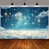 2D Flat Starry Clouds and Light Theme Background with Dreamy Hanging Stars and Sparkling Night Sky Polyester