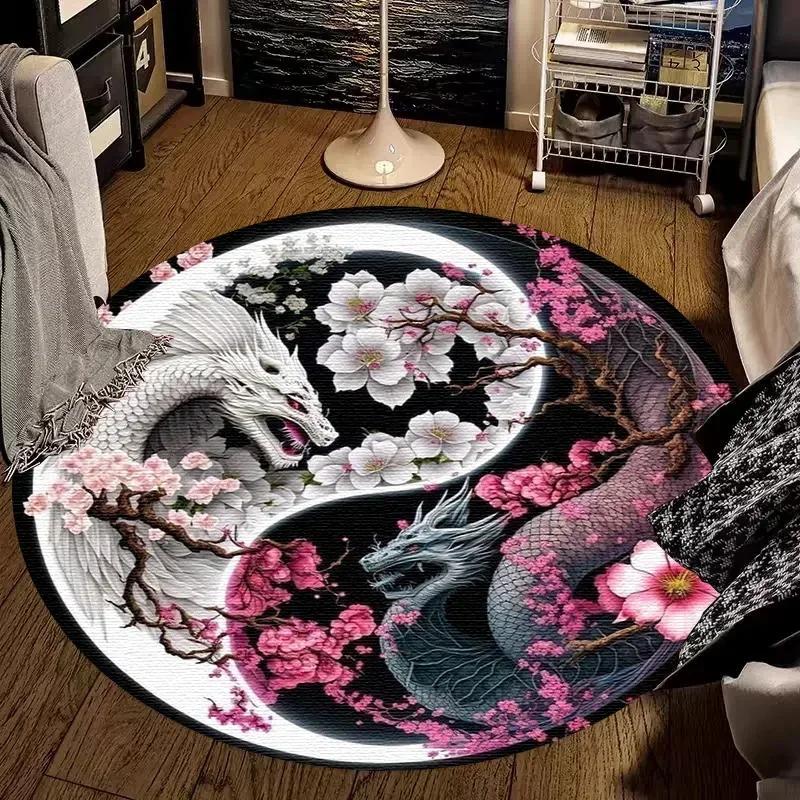 Crystal Velvet Tree of Life Round Rug, Dragon Tiger Yin Yang Print Non Slip Floor Mat for Living Room, Bedroom, Home Decor
