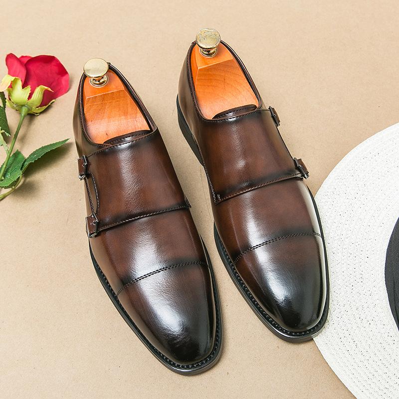 Męskie Skórzane Buty Formalne z Podwójnym Paskiem Monk Strap - Wsuwane Polerowane Buty Biznesowe