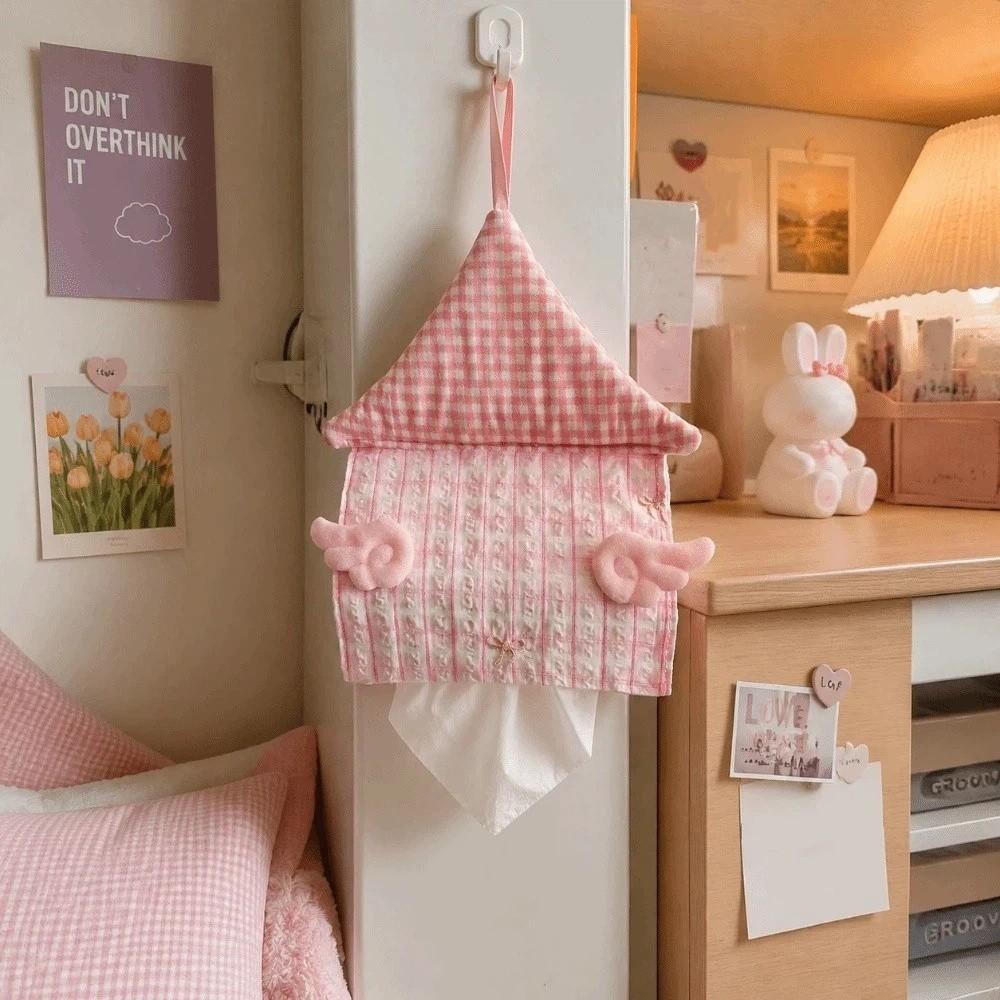 House Shaped Hanging Tissue Holder Stripe Grid Wings Tissue Box Cover Soft Storage Organizer Napkin Holder Living Room