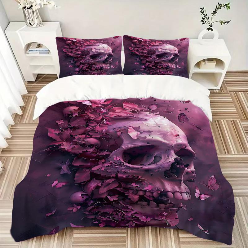 3pcs Dreamlike Fusion of Skulls Butterflies and Petals Printed Duvet Cover Set (1 * Cover+2 * Pillowcase, Without Core), Suitable for Home Bedroo