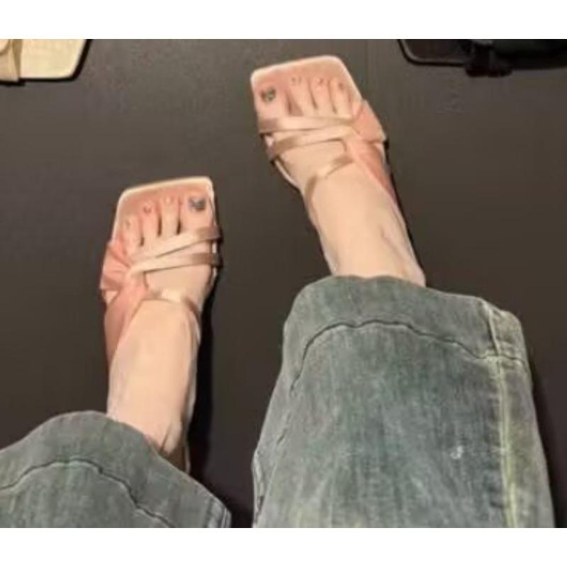 

Модные туфли на высоком каблуке Удобные Новые Летние Однотонные Кожаные Шлепанцы Женская Обувь Женская Обувь Женская Мода Крутые Мюли Слайды Вьетнамки 40