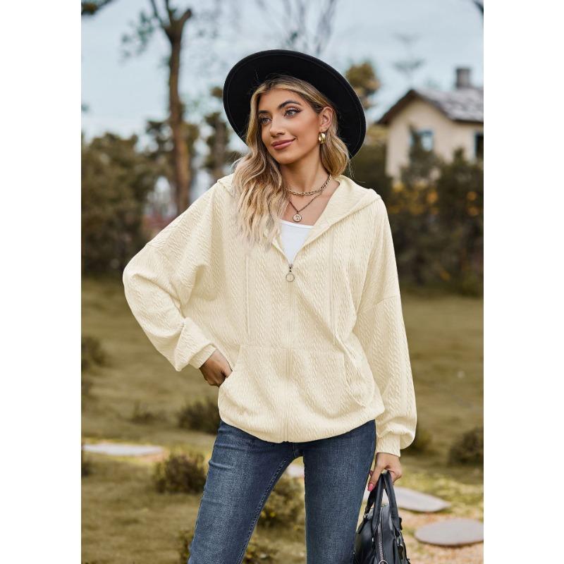 Solid Color Pocket Long Sleeve Loose Hooded Zip Up Cardigan Sweatshirt For Women