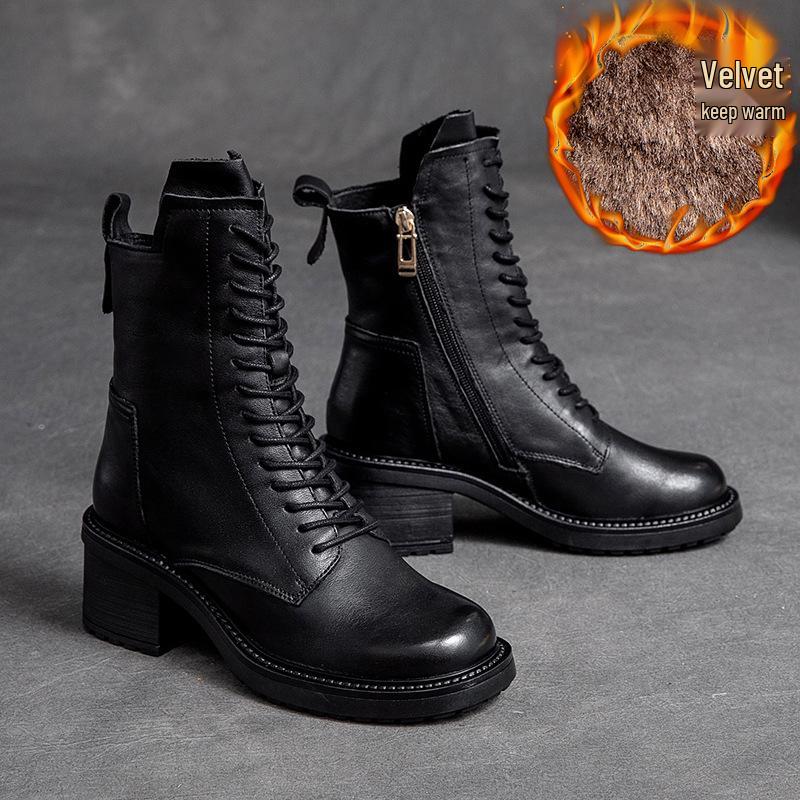 Shanghai Jie Zhou Herbstliche Stiefeletten mit runder Zehenpartie, Blockabsatz, aus Rindsleder, modische Martin Boots mit seitlichem Reißverschluss – Mittelhohe Stiefeletten