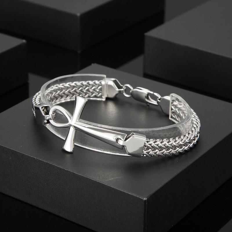 Rock Hip Hop Double Row Braided Chain Jewelry, Vintage Personality Splicing Titanium Steel Ancient Egyptian Cross Men'S Bracelet