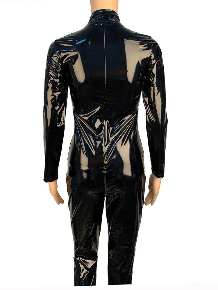 S-5XL Unisex Nasse Optik Lackleder Catsuit Funkelndes PU Synthetikleder Zwei-Wege-Reißverschluss Offener Schritt Stil Alles in Einem Dehnbares Stoffstrumpfhose Kostüm