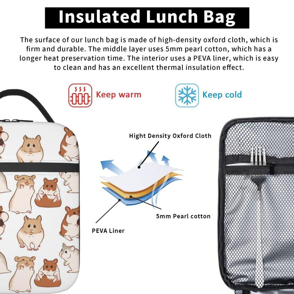Cute Hamster Pattern Insulated Lunch Bag for Women Children Portable Food Boxes Thermal Lunch Box Tote