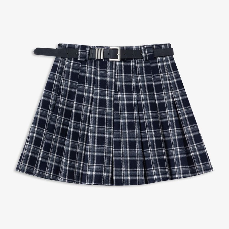 

Aozhi National College Style with Belt Plaid Pleated Skirt Age-Reducing Short Skirt for Women Early Autumn 2 Colors Slim Looking A- line Skirt Lange S