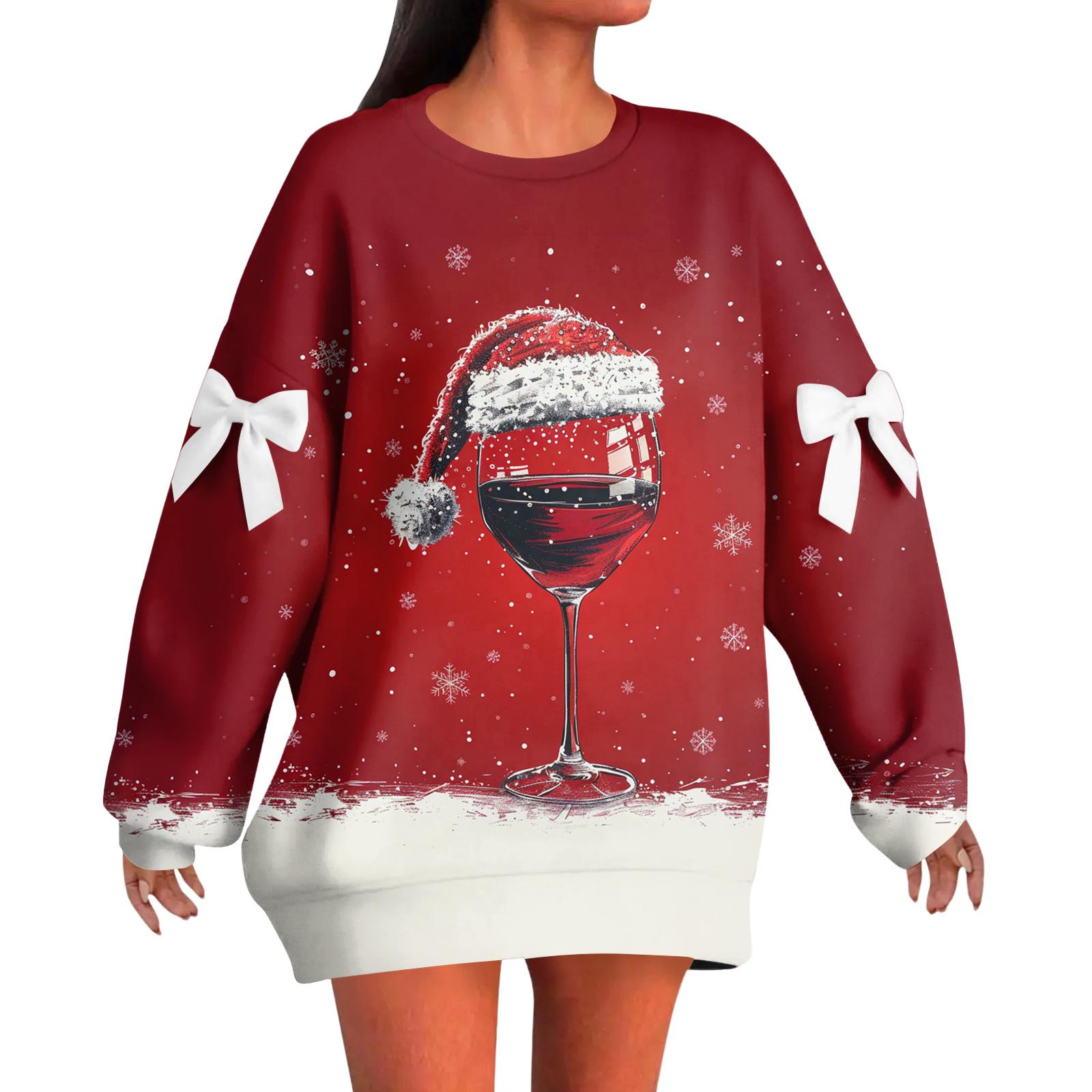 

Ladies Christmas Printed Bow Round Neck Long Sleeved Loose Pullover Sweater Sweatshirt Top S