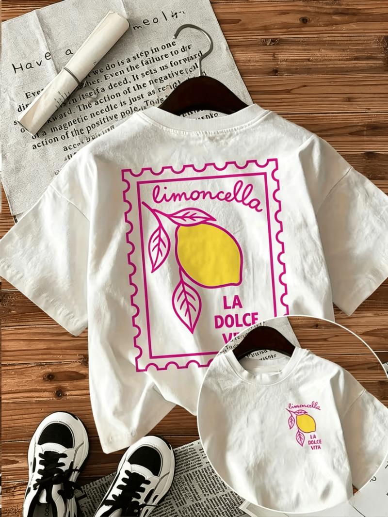 Limoncello Lemon Stamp Print T-shirt Italian Positano Graphic Double Sided Short Sleeve Tops Women Casual Streetwear Daily Tee S