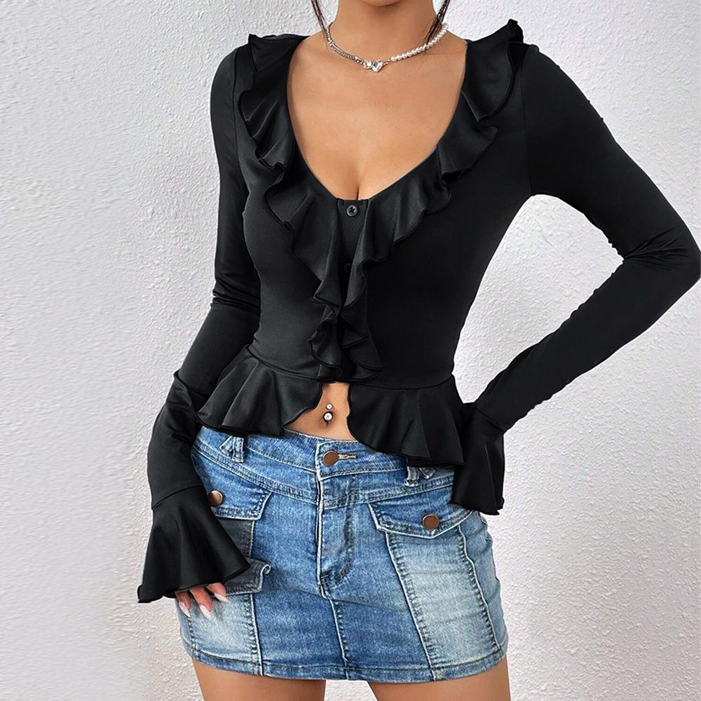 European and American women's clothing spring and summer ins fashion slim-fitting ruffle edge short long-sleeved t-shirt y2k top