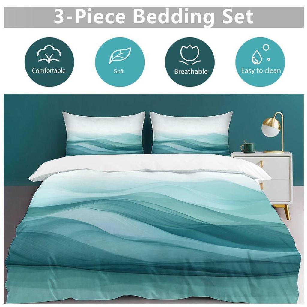 3Pcs Waves In Teal Themed Duvet Cover Set Novelty Fashion Lightweight Soft Bedding With Zipper All Seasons Home Dorm Decor