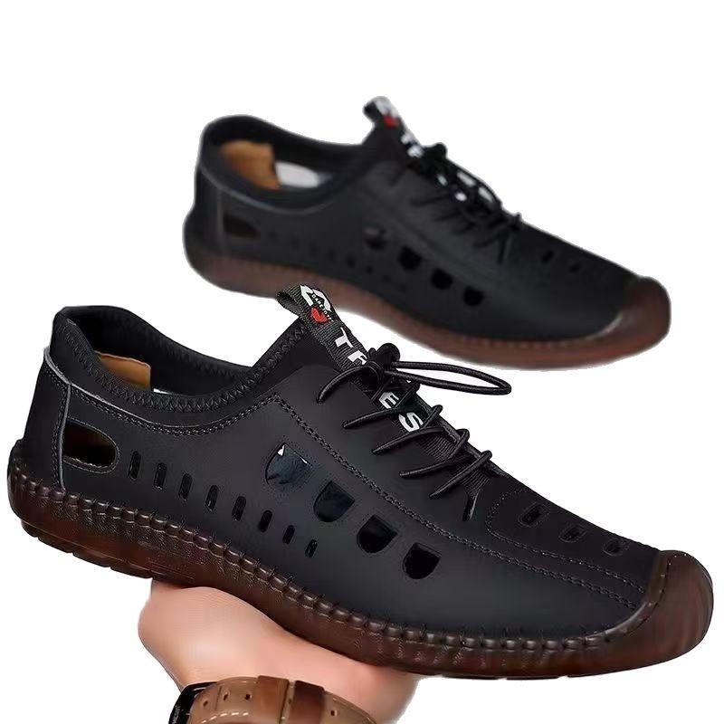 Men's Leather Casual Shoes Soft Sole Soft Surface Hollow Breathable Hole Shoes with One Foot Pedal Non-slip Wear-resistant Comfortable Leather Sandals