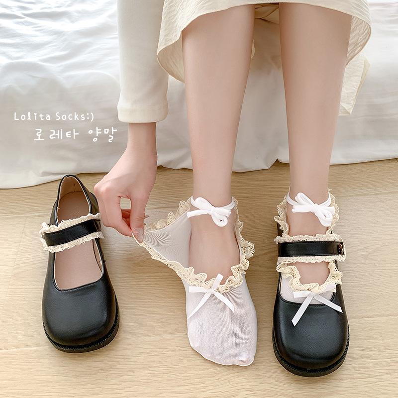 Bow Ballet Style Lace-up, Women's Boat Socks, Lace Short Socks, Mary Jane Versatile Ballet Shoes, Shallow Socks