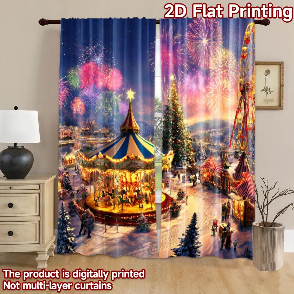 2D flat printing 2pcs Curtains Christmas Village Night Carnival Carousel Ferris Wheel Digital Printed Polyester Drapes Birthday