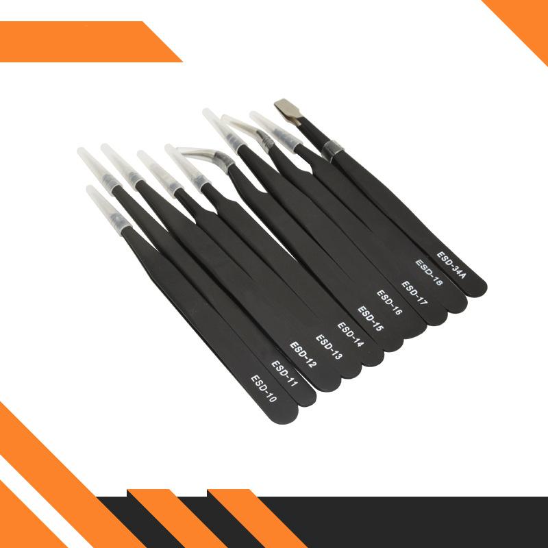 10-teiliges Präzisions-Antistatik-Pinzetten-Set aus Edelstahl mit Ledertasche Wartungswerkzeuge Professionell Gerade gebogen ESD Beauty-Set