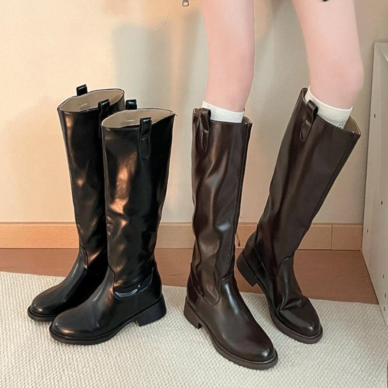 Vintage Low Heel Slip On Women Knight High Boots Cosy Soft Leather Shoes Female Slim Mordern Long Booties De Muje