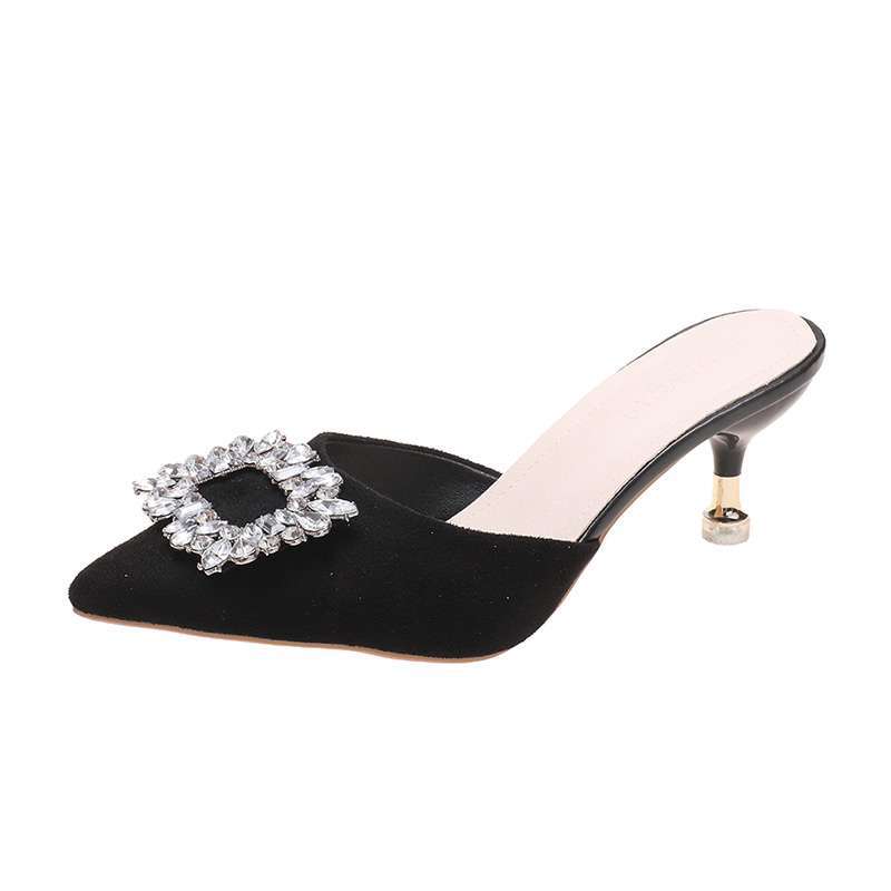 Size 35-43, large size French rhinestone bag head half slippers women's 41 thin heel lazy cool slippers high heel muller shoes 42