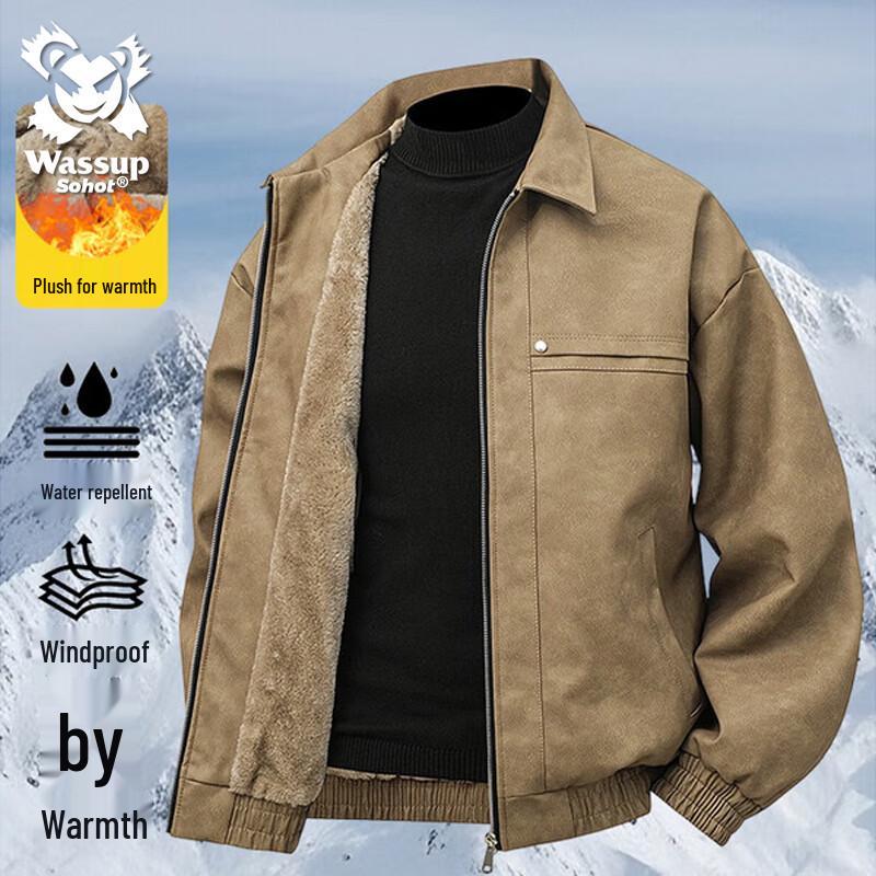 Wassup Sohot Men's Retro Plush Lined Winter Lapel Jacket