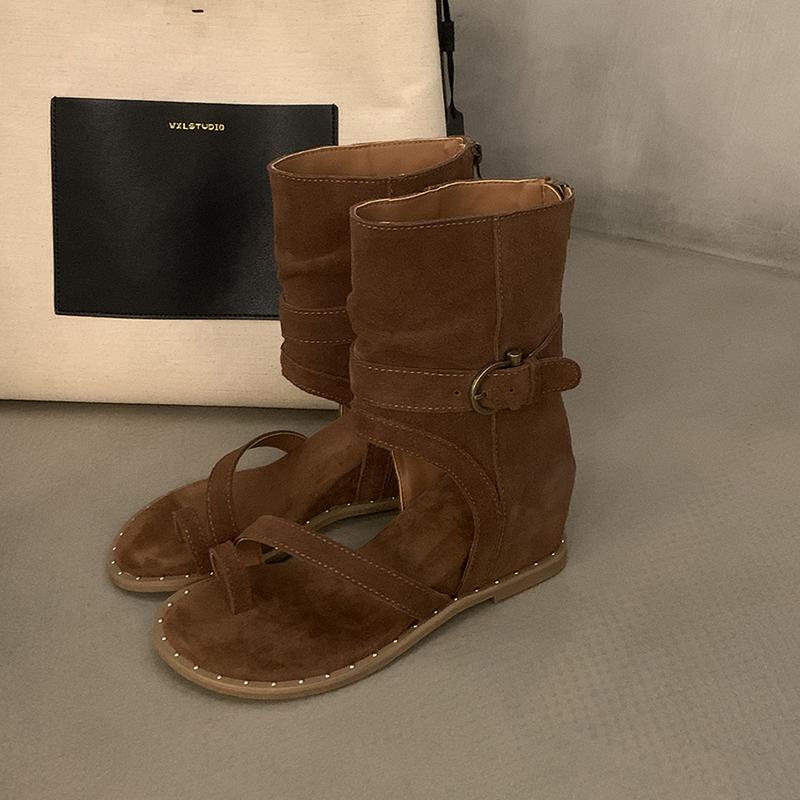 Women Western Cowboy Boots Fashion Clip Toe Back Zipper Mid Calf Booties Internal Elevation Shoes