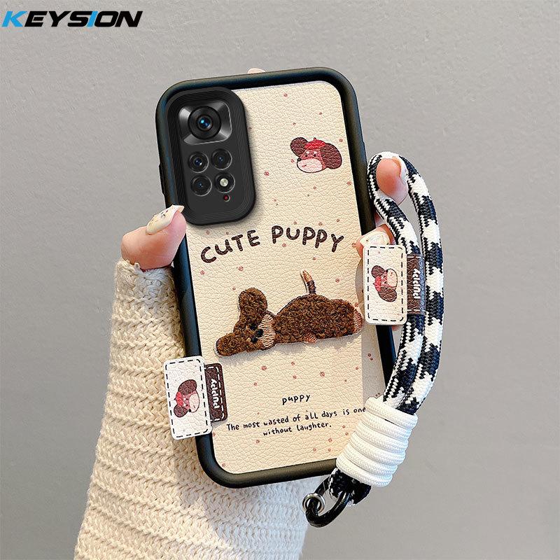 KEYSION Cartoon Cute Plush Embroidery Case for Redmi Note 11 Pro 5G 11S with Lanyard Silicone Shockproof Phone Cover for Redmi Note 12 Pro 4G