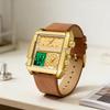 Men Electronic Watches Square 48mm Gold Case LED Dual Display Quartz Movement Leather Strap 3Bar Waterproof Sports Watch for Men