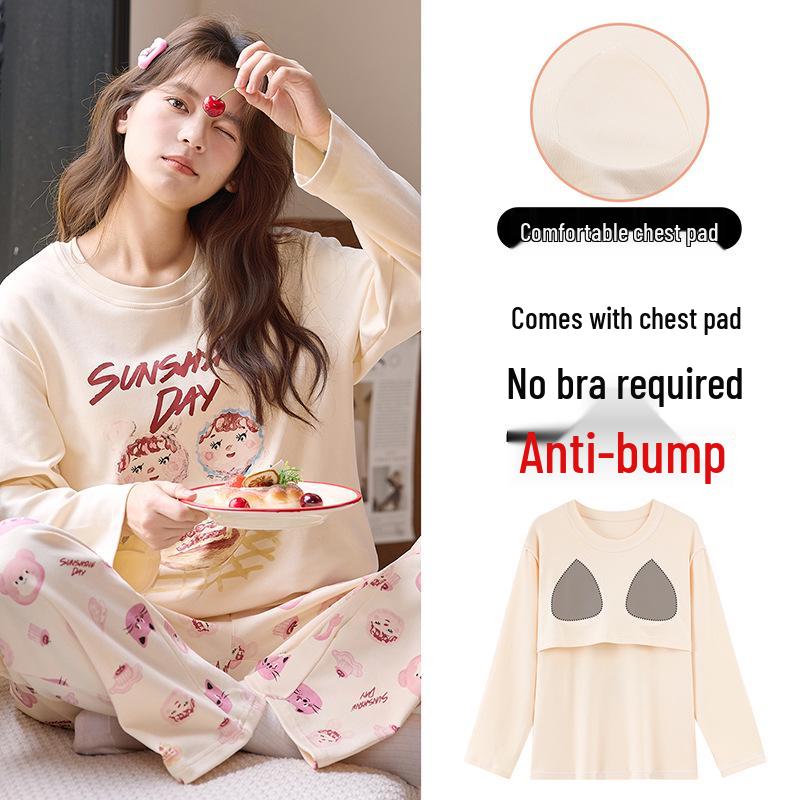 Piżama damska z długim rękawem i nadrukiem w kreskówkowe wzory, z wkładką na klatkę piersiową – uroczy komplet z okrągłym dekoltem do noszenia w domu lub na okrycia wierzchnie wiosną, jesienią i zimą