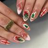 Unhas Postiças de Amêndoa para o Natal 30 Peças, Design de Árvore de Natal com Flocos de Neve Dourados, Unhas Postiças Francesas Reutilizáveis, Arte de Unhas Vestível para o Natal