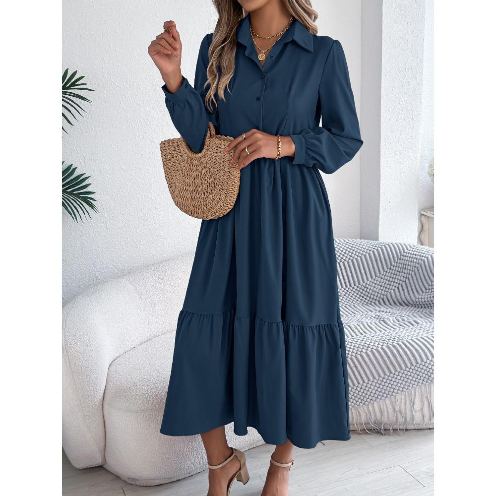 Women's Long Skirt Lapel Casual Loose Long Sleeve Ruffle Shirt Dress Fashion Dresses