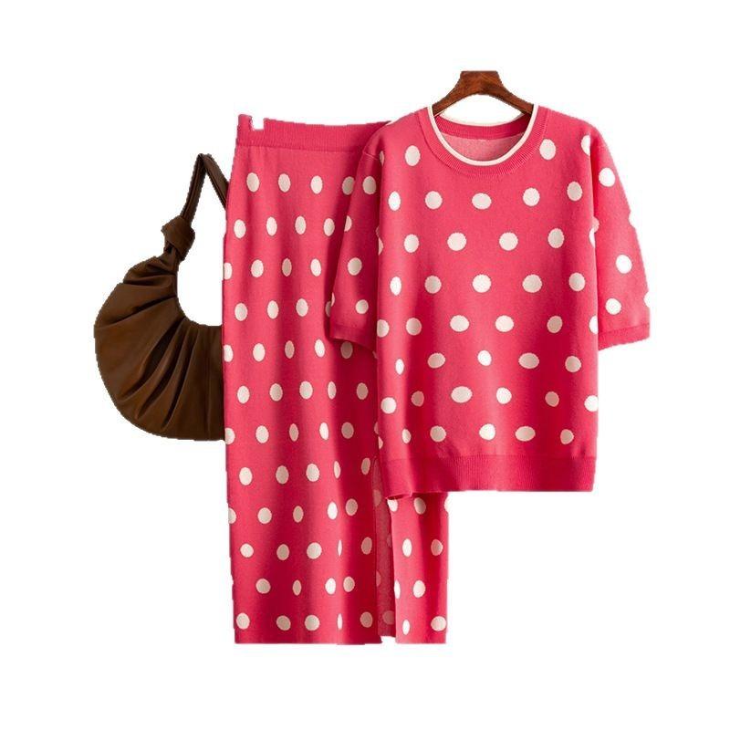 Summer round neck polka dot short-sleeved knitted sweater fashion suit + high waist hip-wrapped split skirt two-piece set