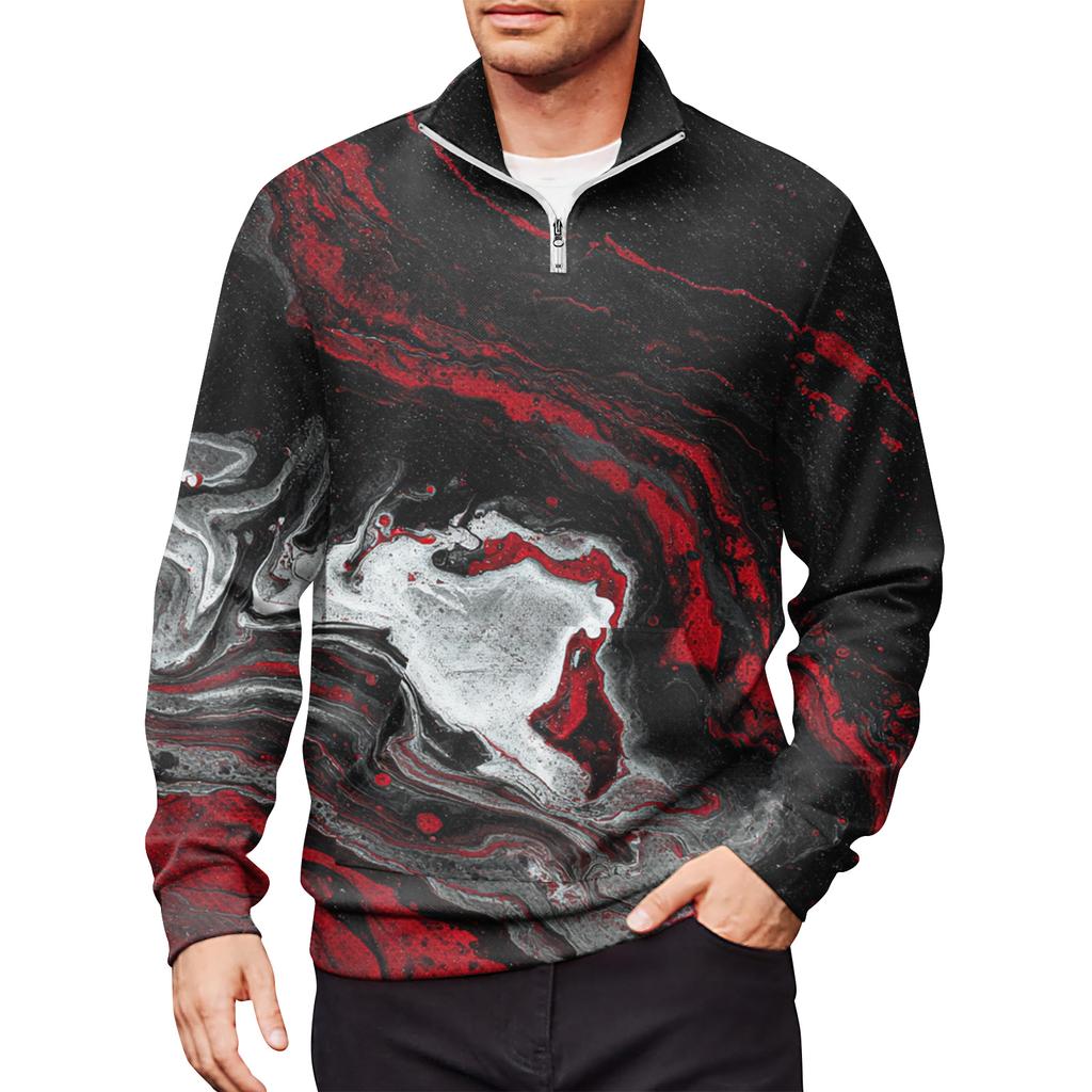 Men's Loose Casual 1/4 Zip Sweatshirt Fashion Printed Long Sleeve Top With Pockets
