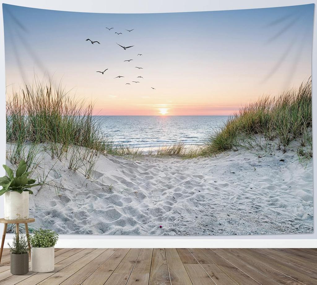 Ocean Beach Tapestry Wall Hanging, Sunset Seabird and Beach with Grass Wall Tapestry Natural Landscape Tapestries for Bedr