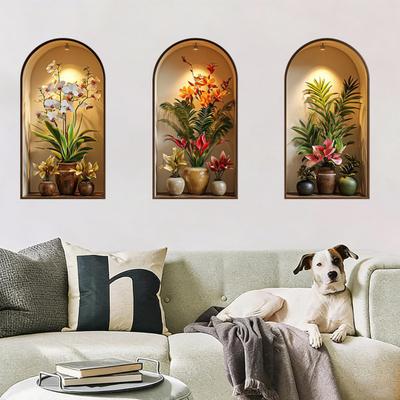 3 Pezzi Adesivi Murali Vaso 3D Arte Murale Fiore Vintage Autoadesivi Colorati Fiori in Fiore Decorazioni Murali per Camera da Letto Soggiorno
