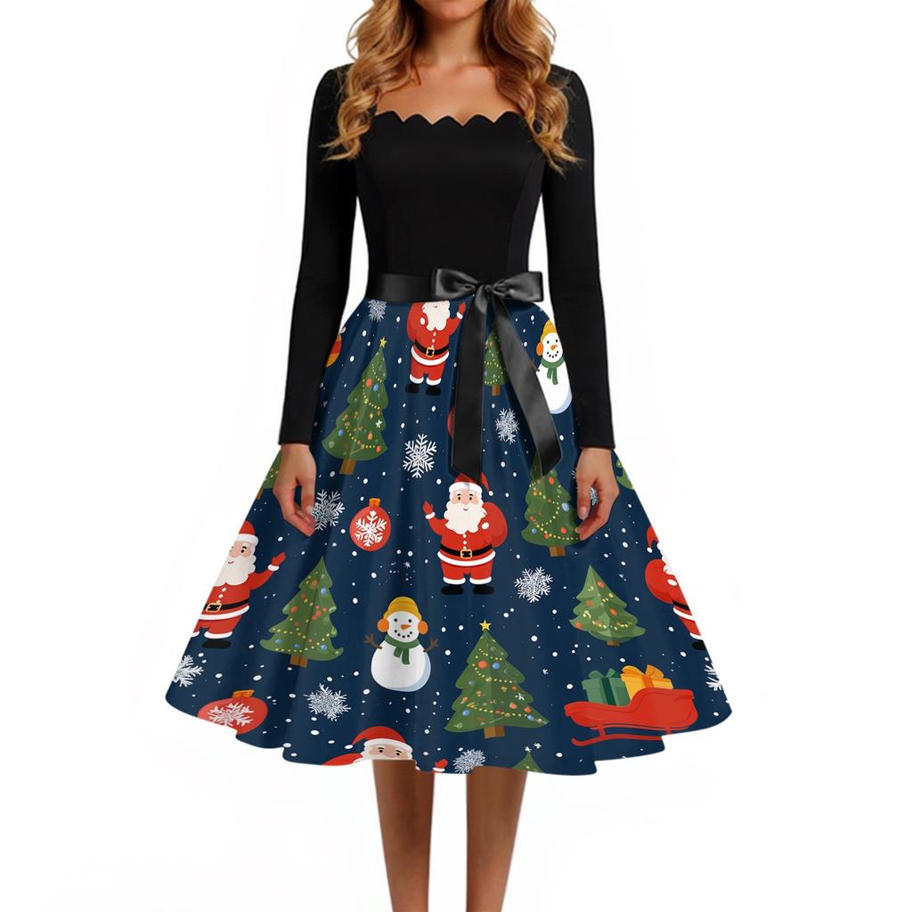 Women's Casual Christmas Print Square Neck Vintage Dress for Holiday Party and Everyday Wear