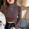 Autumn and winter new warm thickened knitted bottoming shirt women's stripe versatile integrated velvet semi-turtleneck pullover sweater inner