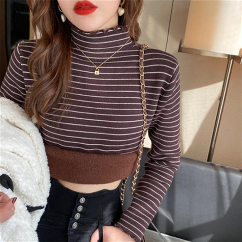 

Autumn and winter new warm thickened knitted bottoming shirt women s stripe versatile integrated velvet semi-turtleneck pullover sweater inner one size fits all темно-коричневого