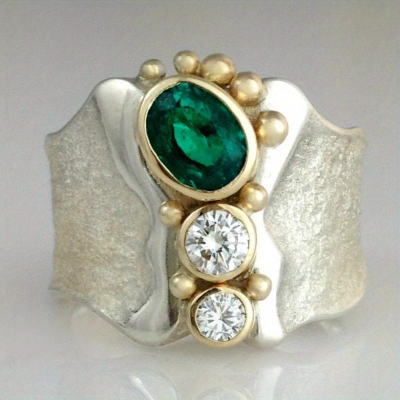 Vintage Two Color Inlaid White Green CZ Women's Ring Geometry Daily Wear Party Jewelry