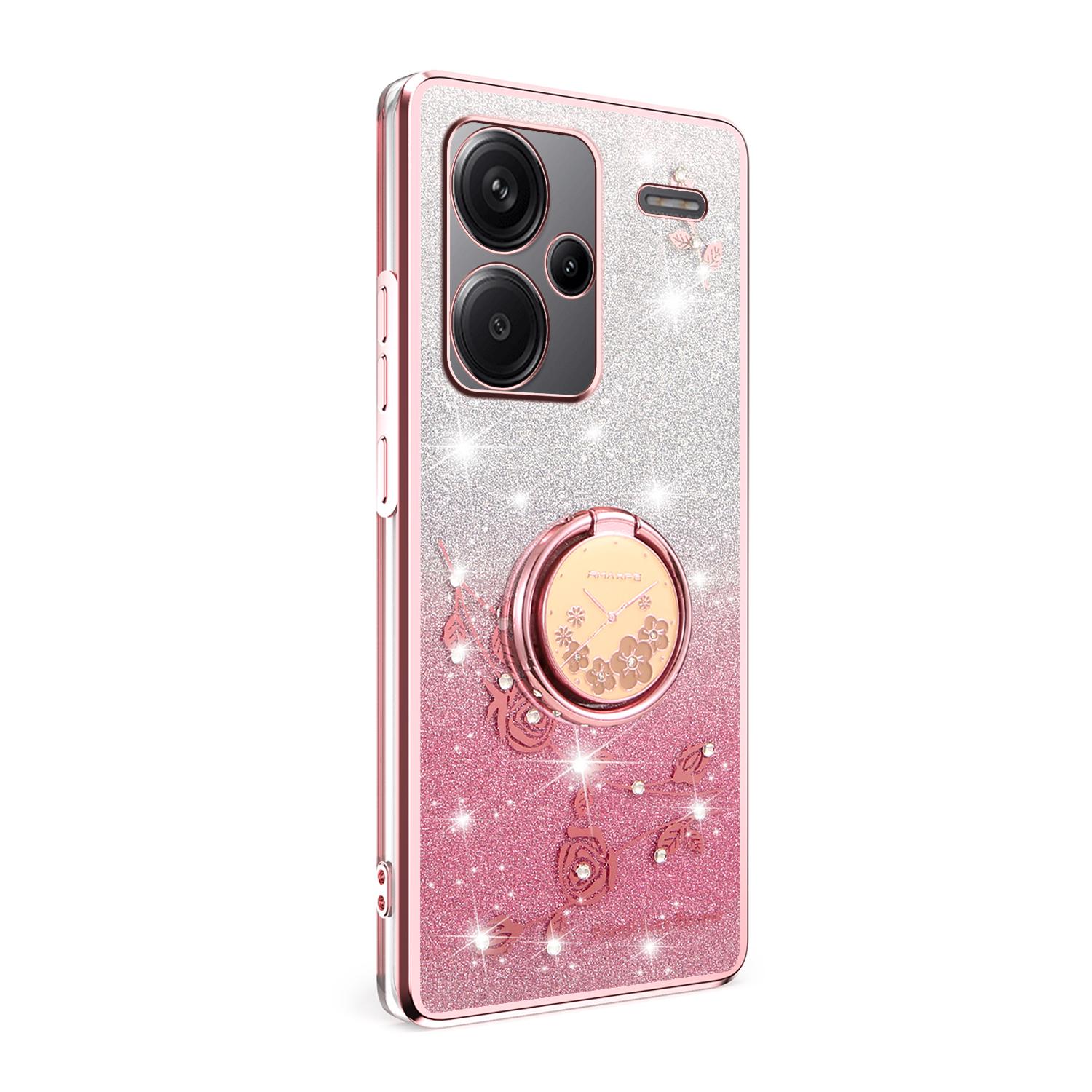 

For Xiaomi Redmi Note 13 Pro+ 5G Case Ring Kickstand TPU Flowers Phone Cover Gradient Glitter Purple