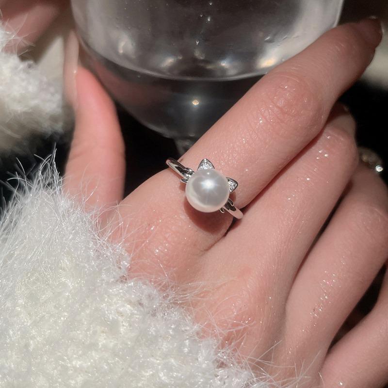 Cold wind zircon pearl opening ring Korean elegant temperament versatile index finger ring light luxury high-end jewelry women