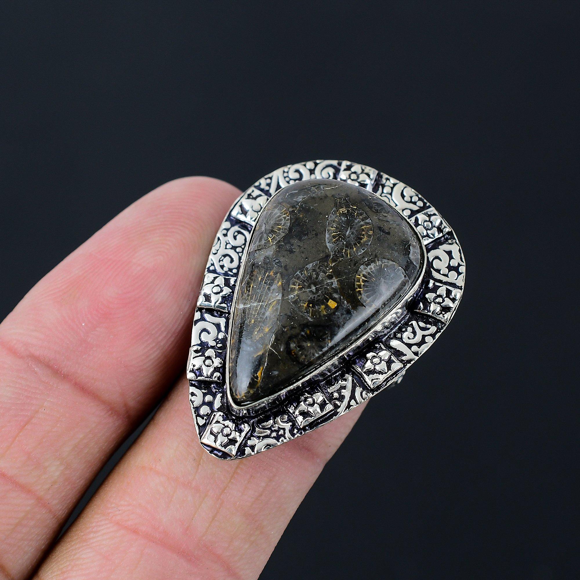 Natural Fossil Coral Gemstone Statement Black Ring Size 7.5 925 Sterling Silver 7.5