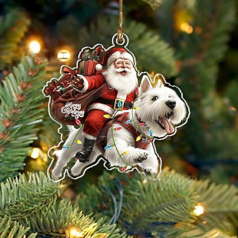 2026 Santa Claus And His Funny Dog Ornament 2D Flat Acrylic Pendant Christmas Decoration For Home Xmas Tree  Year Kerst